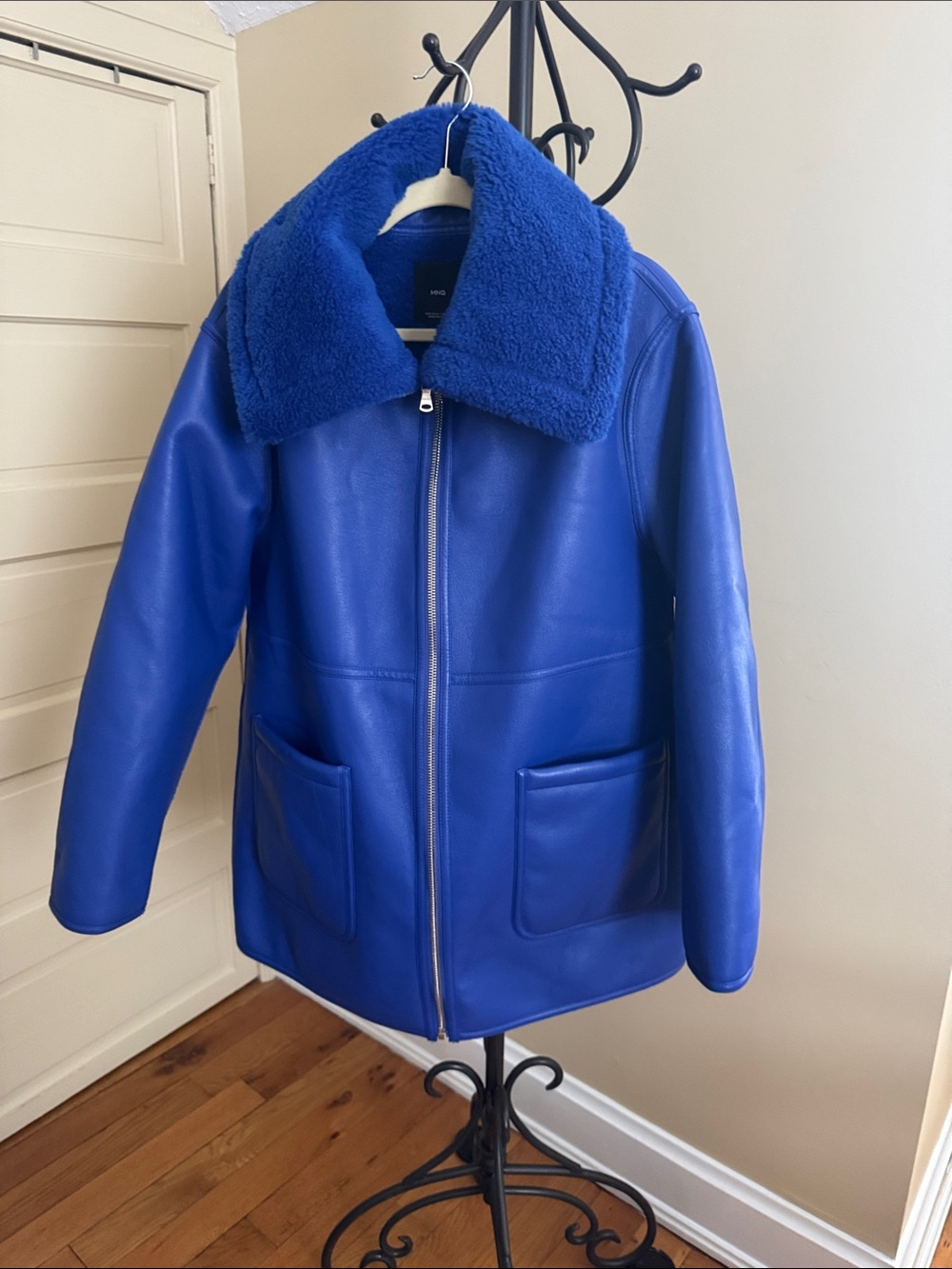 Mango Bold Royal Blue Faux Leather Jacket with Shearling Collar